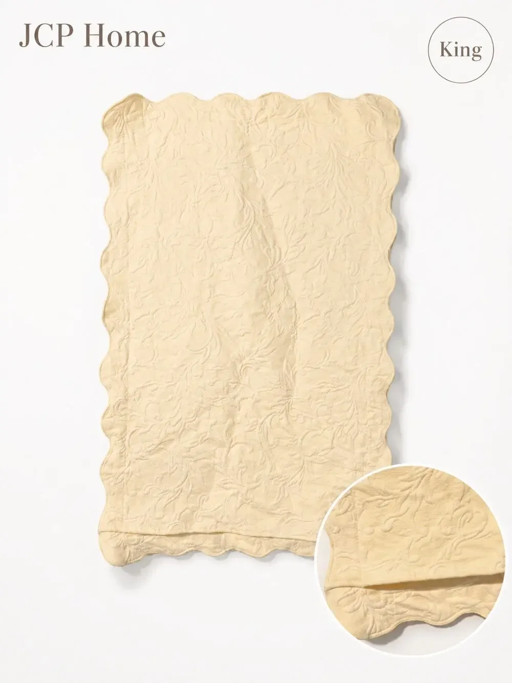 JCP Home King Pillow Sham Cream Embossed Floral Scalloped Edge